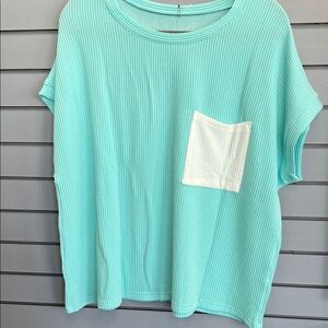 Teal Ribbed Women's Top with White Pocket